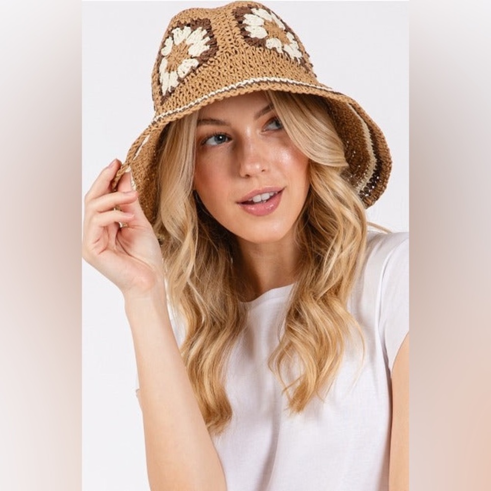 Floral Granny Square Crochet Straw Bucket Hat